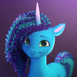 Size: 2000x2000 | Tagged: safe, artist:luminousdazzle, misty brightdawn, pony, unicorn, g5, 3d, 3d model, blender, bust, cute, cycles render, female, freckles, high res, looking at you, mare, mistybetes, render, smiling, smiling at you, solo