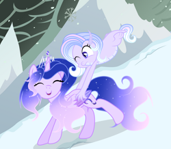 Size: 2242x1958 | Tagged: safe, artist:existencecosmos188, oc, oc only, oc:existence, alicorn, dragon, pony, alicorn oc, dragoness, duo, ethereal mane, eyelashes, female, horn, mare, mountain, one eye closed, starry mane, wings, wink