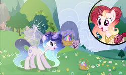 Size: 4191x2498 | Tagged: safe, artist:existencecosmos188, oc, oc only, oc:existence, oc:princess existence, alicorn, pony, alicorn oc, base used, basket, duo, easter egg, ethereal mane, female, forest, glowing, glowing horn, horn, magic, mare, outdoors, smiling, starry mane, telekinesis, wings