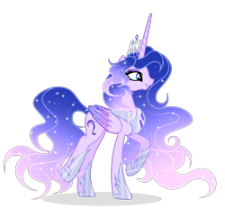 Size: 2517x2337 | Tagged: safe, artist:existencecosmos188, oc, oc only, oc:existence, oc:existence cosmos, alicorn, pony, alicorn oc, ethereal mane, eyelashes, female, grin, high res, hoof shoes, horn, jewelry, mare, peytral, raised hoof, simple background, smiling, starry mane, tiara, transparent background, wings