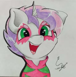 Size: 1661x1687 | Tagged: safe, artist:engi, sweetie belle, pony, unicorn, g4, the show stoppers, clothes, cute, eyebrows, female, filly, foal, happy, makeup, open mouth, show stopper outfits, simple background, solo, traditional art