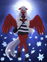 Size: 985x1280 | Tagged: safe, artist:clouris, oc, oc only, pegasus, anthro, bag, choker, clothes, female, full moon, hands together, moon, pegasus oc, shoes, skirt, solo, spread wings, stars, wings