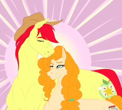 Size: 1280x1151 | Tagged: safe, artist:clouris, bright mac, pear butter, earth pony, pony, g4, abstract background, duo, female, hat, male, mare, one eye closed, stallion, wink