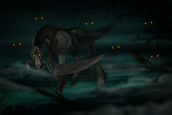 Size: 1280x853 | Tagged: safe, artist:clouris, oc, oc only, pony, glowing, glowing eyes, mouth hold, outdoors