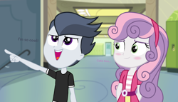 Size: 1532x874 | Tagged: safe, artist:lunaticdawn, rumble, sweetie belle, human, equestria girls, g4, blushing, canterlot high, duo, equestria girls-ified, female, looking up, male, pointing, ship:rumbelle, shipping, smiling, straight, text