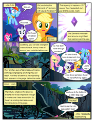 Size: 612x792 | Tagged: safe, artist:newbiespud, edit, edited screencap, screencap, applejack, fluttershy, pinkie pie, rainbow dash, rarity, earth pony, pegasus, pony, unicorn, comic:friendship is dragons, g4, princess twilight sparkle (episode), comic, dialogue, element of loyalty, eyelashes, female, flying, freckles, hat, mare, night, outdoors, screencap comic, stars, wide eyes, worried