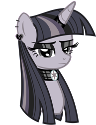 Size: 2494x3237 | Tagged: safe, artist:severity-gray, color edit, edit, editor:wardex101, twilight sparkle, alicorn, pony, g4, alternate hairstyle, black eyeshadow, bust, choker, chokertwi, colored, discorded, discorded twilight, ear piercing, earring, eyeshadow, female, goth, gothic, high res, horn, horn ring, jewelry, makeup, piercing, portrait, ring, sad, simple background, solo, transparent background, twilight sparkle (alicorn), twilight tragedy