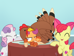 Size: 1440x1080 | Tagged: safe, artist:ponykittenboi, apple bloom, scootaloo, sweetie belle, earth pony, pegasus, pony, unicorn, g4, ^^, adorabloom, butt, clothes, costume, cute, cutealoo, diasweetes, eyes closed, holiday, laughing, platter, plot, scootachicken, scootaloo is not amused, scootaturkey, show accurate, thanksgiving, the cmc's cutie marks, turkey costume, unamused