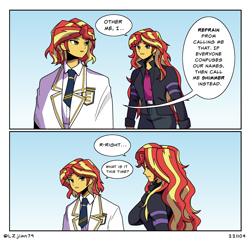 Size: 1988x1915 | Tagged: safe, artist:lzjian79, sunset shimmer, human, comic:the setting of two suns, equestria girls, g4, clothes, dialogue, duality, duo, everton, female, human sunset, self paradox, speech bubble, sunlit shimmer