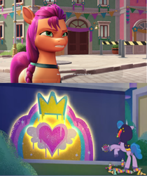 Size: 1366x1624 | Tagged: safe, edit, edited screencap, screencap, izzy moonbow, sunny starscout, earth pony, pony, unicorn, g5, my little pony: a maretime bay adventure, my little pony: tell your tale, sneaksy strikes again, spoiler:g5, spoiler:my little pony: tell your tale, spoiler:tyts01e34, female, irony, izzy would never do anything like that, mare, sneaksy, vandalism