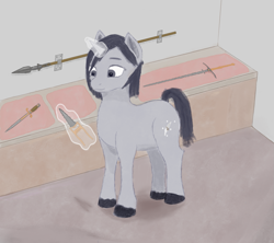 Size: 1803x1600 | Tagged: safe, artist:mechanic31, oc, oc only, oc:kassel, pony, unicorn, challenge, knife, lance, magic, solo, sword, telekinesis, weapon