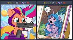 Size: 498x275 | Tagged: safe, edit, edited screencap, idw, screencap, izzy moonbow, pipp petals, sunny starscout, zipp storm, earth pony, pegasus, pony, unicorn, derpibooru, g5, making a foal of me, my little pony: tell your tale, spoiler:comic, spoiler:g5, spoiler:g5comic, spoiler:g5comic06, spoiler:my little pony: tell your tale, spoiler:tyts01e15, angry, bracelet, cellphone, cursive writing, dialogue, emanata, eyes closed, female, filly, filly sunny starscout, foal, friendship bracelet, gun, handgun, hashtag, implied pipp petals, insensitivity, jewelry, juxtaposition, juxtaposition win, mane stripe sunny, mare, meme, meta, offscreen character, open mouth, phone, pippbitch petals, pistol, smartphone, solo focus, speech bubble, weapon, yelling, younger