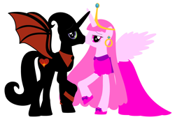 Size: 3764x2636 | Tagged: safe, artist:nathaniel718, alicorn, pony, 1000 hours in ms paint, adventure time, business suit, cartoon network, clothes, couple, crown, dress, ear piercing, earring, female, high res, husband and wife, jewelry, kissing, looking at you, male, mare, married couple, nergal, nergal and princess bubblegum, piercing, ponified, princess bubblegum, regalia, romantic, shipping, shoes, simple background, stallion, the grim adventures of billy and mandy, white background