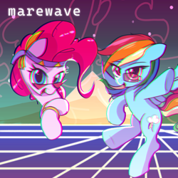Size: 1280x1280 | Tagged: safe, artist:vultraz, pinkie pie, rainbow dash, earth pony, pegasus, pony, g4, abstract background, album cover, chromatic aberration, duo, duo female, female, glasses, headband, jewelry, looking at you, mare, open mouth, ponerpics import, ring, smiling, spread wings, synthwave, windswept mane, wings