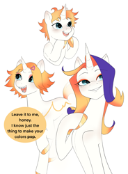Size: 1739x2364 | Tagged: safe, artist:aztrial, oc, oc only, oc:southern belle, pony, unicorn, age progression, blue eyes, braces, colored hooves, eyeshadow, female, filly, foal, gradient mane, grin, hairclip, hoof on chest, hoof polish, magical lesbian spawn, makeup, mare, offspring, older, open mouth, parent:applejack, parent:rarity, parents:rarijack, simple background, smiling, solo, speech bubble, text, white background