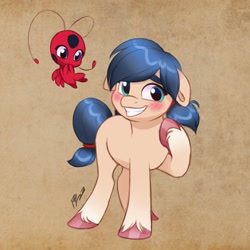 Size: 2048x2048 | Tagged: safe, artist:haruh_ink, earth pony, kwami, pony, duo, female, high res, marinette dupain-cheng, miraculous ladybug, pigtails, ponified, teenager, tikki