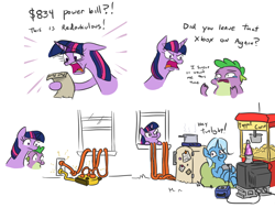 Size: 1196x904 | Tagged: safe, artist:jargon scott, spike, trixie, twilight sparkle, alicorn, dragon, pony, unicorn, g4, angry, beanbag chair, bill, chair, cinder block, comic, controller, cooking pot, crossed legs, crying, dexterous hooves, dialogue, electrical outlet, electricity, extension cord, female, food, gamecube, gamecube controller, hoof hold, inconvenient trixie, lava lamp, mare, open mouth, open smile, popcorn, pot, power bill, refrigerator, shocked, shocked expression, simple background, sitting, smiling, stealing, teary eyes, television, this will end in bankruptcy, twilight sparkle (alicorn), twilight sparkle is not amused, unamused, white background, window