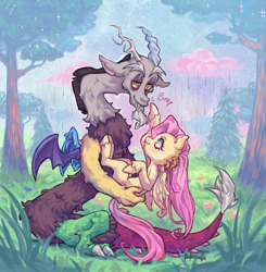 Size: 500x511 | Tagged: safe, artist:bloomellaa, discord, fluttershy, draconequus, pegasus, pony, g4, boop, chest fluff, chocolate, chocolate rain, duo, ear fluff, female, flower, fluffy, food, grass, holding a pony, looking at each other, looking at someone, male, outdoors, rain, ship:discoshy, shipping, sitting, smiling, straight, tree, tumblr, unshorn fetlocks, wings