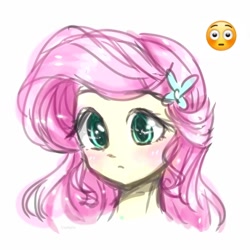 Size: 1378x1378 | Tagged: safe, artist:liaaqila, fluttershy, human, g4, blushing, bust, emoji, female, flushed face, hair accessory, humanized, portrait, simple background, solo, traditional art, white background