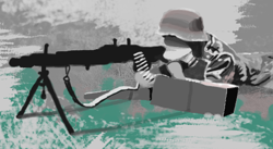 Size: 500x273 | Tagged: safe, artist:tupuan, earth pony, pony, grayscale, gun, mg 42, monochrome, soldier, solo, war, weapon