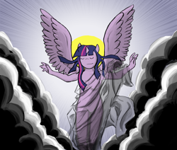 Size: 2948x2496 | Tagged: safe, artist:phillypu, twilight sparkle, alicorn, anthro, g4, breasts, cloth, cloud, eyes closed, featureless breasts, female, fine art parody, high res, nimbus, solo, twilight sparkle (alicorn)