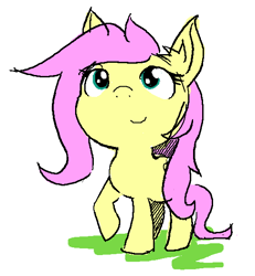 Size: 536x581 | Tagged: safe, artist:phillypu, fluttershy, pegasus, pony, g4, chibi, ear fluff, female, looking up, raised hoof, simple background, smiling, solo, standing, white background