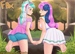 Size: 3425x2480 | Tagged: safe, artist:focusb, bon bon, lyra heartstrings, sweetie drops, human, g4, ass, barefoot, butt, clothes, feet, female, fetish, foot fetish, foot focus, high res, humanized, shorts, soles, toes