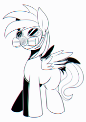 Size: 845x1200 | Tagged: safe, artist:maren, rainbow dash, pegasus, pony, g4, 2014, black and white, chromatic aberration, doodle, female, gas mask, grayscale, mare, mask, monochrome, old art, solo