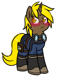 Size: 730x990 | Tagged: safe, artist:paperbagpony, oc, oc only, oc:golden gear, pony, unicorn, blushing, boots, goggles, horn, shoes, simple background, solo, unicorn oc, white background