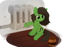 Size: 2160x1625 | Tagged: safe, artist:some_ponu, oc, oc only, oc:anon, oc:filly anon, earth pony, pony, adorable distress, crying, cuffs, cute, female, filly, food, mareless, peanut butter, radiator, solo
