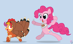 Size: 5161x3135 | Tagged: safe, artist:ponykittenboi, pinkie pie, scootaloo, earth pony, pegasus, pony, g4, bib, bipedal, clothes, costume, cute, cutealoo, diapinkes, duo, fork, funny, holiday, hoof hold, hungry, imminent cannibalism, implied ponies eating meat, knife, ponies wanting to eat meat, running, scootachicken, scootaturkey, silly, thanksgiving, turkey costume