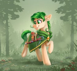 Size: 1200x1106 | Tagged: safe, artist:helmie-art, oc, oc only, oc:lødvik, earth pony, pony, arrow, bow (weapon), cloak, clothes, flower, forest, green eyes, green mane, green tail, grin, raised hoof, smiling, solo, tail