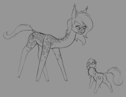 Size: 1550x1200 | Tagged: safe, artist:stray prey, oc, oc only, oc:lacy, oc:panne, giraffe, pony, butt, eye contact, female, looking at each other, looking at someone, looking down, looking up, mare, plot, size difference, tail, tail wrap