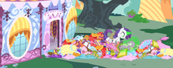 Size: 2720x1080 | Tagged: safe, composite screencap, edit, edited screencap, screencap, rarity, spike, dragon, pony, unicorn, g4, inspiration manifestation, carousel boutique, clothes, corrupted, dress, green magic, hat, inspirarity, levitation, magic, open door, pile, possessed, telekinesis, tree