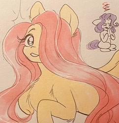 Size: 1982x2048 | Tagged: safe, artist:cherubisous, fluttershy, rarity, pegasus, pony, unicorn, g4, chest fluff, cute, duo, envy, female, floppy ears, hair over one eye, handkerchief, looking at you, mare, missing cutie mark, shyabetes, sitting, smiling, smiling at you, solo focus, traditional art