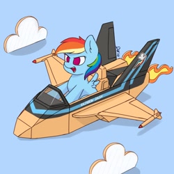 Size: 1668x1668 | Tagged: safe, artist:zeroonesunray, rainbow dash, pegasus, pony, g4, cardboard, f/a-18 hornet, female, filly, filly rainbow dash, jet, jet fighter, mare, missile, plane, simple background, sitting, solo, top gun, wings, younger