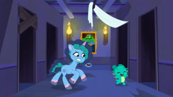 Size: 3072x1727 | Tagged: safe, screencap, misty brightdawn, sparky sparkeroni, dragon, pony, unicorn, g5, haunted house (episode), my little pony: tell your tale, spoiler:g5, spoiler:my little pony: tell your tale, spoiler:tyts01e31, baby, baby dragon, cute, doors, duo, duo male and female, eyes closed, female, high res, jewelry, male, mare, medallion, necklace, open mouth, open smile, running, scooby-doo!, smiling, sparkybetes, youtube link