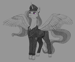 Size: 2900x2400 | Tagged: safe, artist:stray prey, princess celestia, alicorn, pony, g4, clothes, female, hat, high res, mare, military uniform, peaked cap, solo, spread wings, uniform, wings