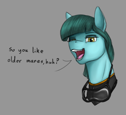 Size: 1200x1100 | Tagged: safe, artist:stray prey, oc, oc only, oc:mako mom, earth pony, pony, female, goggles, looking at you, milf, open mouth, solo, talking to viewer