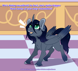 Size: 1200x1092 | Tagged: safe, artist:eve-of-halloween, oc, oc:nightfall, alicorn, pony, hallowverse, tumblr:askmotherlyluna, alicorn oc, ask, baby, baby pony, big ears, big eyes, coat markings, colt, detailed background, excited, facial markings, foal, green eyes, horn, male, next generation, ng, offspring, parent:oc:intemp, parent:princess luna, parents:canon x oc, pony oc, raised hoof, sharp teeth, smiling, teeth, unshorn fetlocks, wings