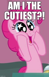 Size: 542x853 | Tagged: safe, edit, edited screencap, screencap, pinkie pie, earth pony, pony, a trivial pursuit, g4, caption, cute, diapinkes, drake & josh, image macro, misspelling, smiling, starry eyes, text, wingding eyes