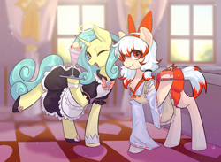 Size: 3268x2392 | Tagged: safe, artist:bai_li, oc, oc only, oc:cunben_mapleleaf, oc:seven sister, earth pony, pony, unicorn, cake, clothes, duo, food, high res, ice cream, maid, one eye closed, open mouth, open smile, smiling, waitress, wink