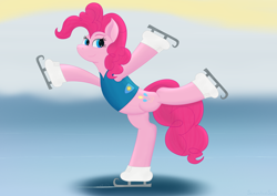 Size: 3508x2480 | Tagged: safe, artist:samenandsam, pinkie pie, earth pony, pony, g4, winter wrap up, clothes, female, high res, ice, ice skates, ice skating, looking back, mare, simple background, smiling, smiling at you, snow, solo, standing, standing on one leg, weather team, winter