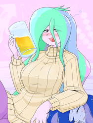 Size: 1668x2224 | Tagged: safe, artist:batipin, princess celestia, princess luna, principal celestia, vice principal luna, human, equestria girls, g4, alcohol, beer, blushing, breasts, busty princess celestia, clothes, drunk, drunk luna, drunklestia, duo, duo female, eye clipping through hair, eyebrows, eyebrows visible through hair, eyes closed, female, go home you're drunk, open mouth, royal sisters, siblings, sisters, sweater, turtleneck