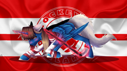 Size: 3960x2228 | Tagged: safe, artist:lunciakkk, oc, oc:hoki, alicorn, pony, braid, commission, flag, high res, hockey, magic, signature, solo, sports, telekinesis