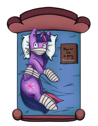 Size: 1836x2358 | Tagged: safe, artist:xeninara, twilight sparkle, alicorn, pony, g4, bandage, bed, bondage, book, bound, bound and gagged, bound wings, cloth gag, dubious consent, gag, looking at you, on bed, over the nose gag, simple background, solo, tied up, twilight sparkle (alicorn), white background, wings