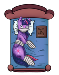 Size: 1836x2358 | Tagged: safe, artist:xeninara, twilight sparkle, alicorn, pony, bandage, bed, bondage, book, bound, bound and gagged, bound wings, cloth gag, dubious consent, gag, looking at you, on bed, over the nose gag, simple background, solo, tied up, twilight sparkle (alicorn), white background, wings