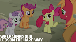 Size: 1920x1080 | Tagged: safe, edit, edited screencap, editor:quoterific, screencap, apple bloom, big macintosh, scootaloo, sweetie belle, earth pony, pegasus, pony, unicorn, g4, hard to say anything, season 7, brother and sister, cutie mark crusaders, female, filly, foal, freckles, frown, group, looking at someone, looking down, male, open mouth, open smile, quartet, raised hoof, raised leg, siblings, smiling, stallion