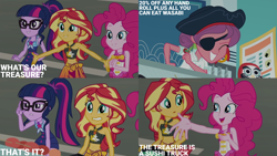 Size: 4400x2475 | Tagged: safe, edit, edited screencap, editor:quoterific, screencap, carrot bun, pinkie pie, sci-twi, sunset shimmer, twilight sparkle, human, equestria girls, g4, my little pony equestria girls: better together, x marks the spot, clothes, confused, disappointed, eyepatch, eyes closed, female, glasses, grin, gritted teeth, hat, one-piece swimsuit, open mouth, open smile, outstretched arms, pinkie pie swimsuit, pirate hat, ponytail, sarong, sci-twi swimsuit, smiling, sunset shimmer's beach shorts swimsuit, swimsuit, teeth