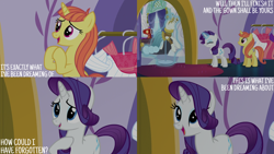 Size: 4400x2475 | Tagged: safe, edit, edited screencap, editor:quoterific, screencap, citrus blush, rarity, pony, unicorn, canterlot boutique, g4, season 5, clothes, dress, eyes closed, eyeshadow, female, happy, hoof on chest, magic, makeup, mare, open mouth, open smile, pleased, sewing machine, smiling, telekinesis